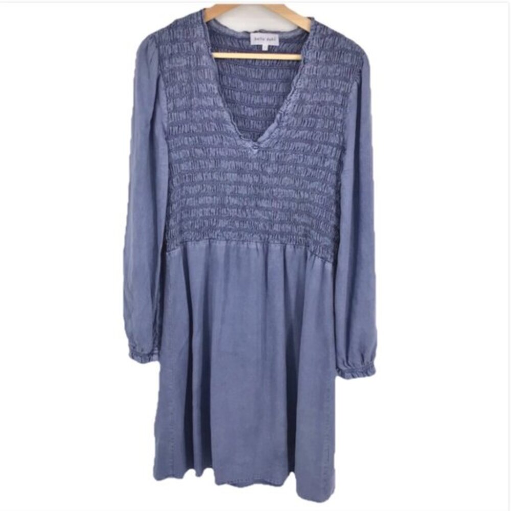Bella Dahl Tencel-Lyocell Blue V Neck Long Sleeve Smocked Mini Dress Size Large
